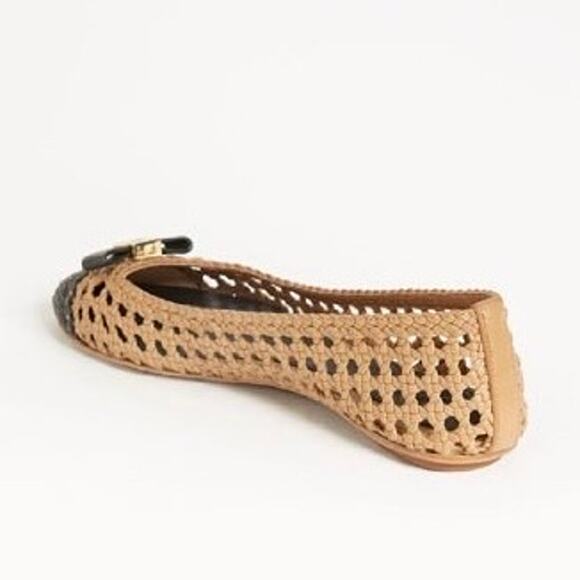 Tory Burch 6 Carlyle Woven Leather Ballerinas Ballet Flats Black Tan Logo Bow - Picture 7 of 14